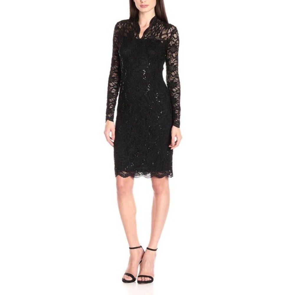 Marina Dress 6 Black Sequin Lace Long Sleeve Stretch Party Cruise Wedding NEW